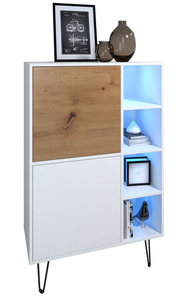 Vladon Sideboard Havana V1 (Sideboard mit 2 Türen und 4 offene Fächer, Kommode mit LED, Made in Germany), Weiß matt / Weiß matt (124 x 79 x 35 cm) von Vladon