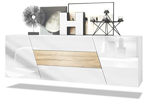 Vladon Sideboard Houston, Made in Germany, hängende Kommode mit 2 Türen & 3 Schubladen, Korpus Weiß matt, Fronten Weiß Hochglanz, mittlere Schublade Eiche Natur (178 x 57,5 x 38,5 cm) von Vladon