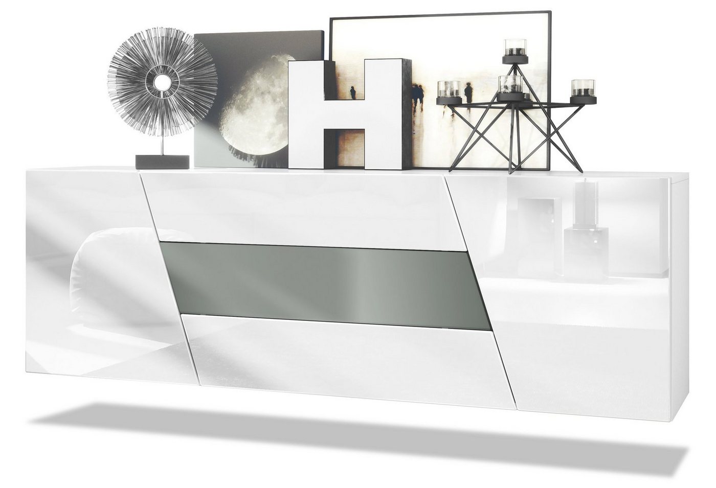 Vladon Sideboard Houston (hängende Kommode, mit 2 Türen und 3 Schubladen), Weiß matt/Weiß Hochglanz/Graphit Seidenmatt (178 x 57,5 x 38,5 cm) von Vladon