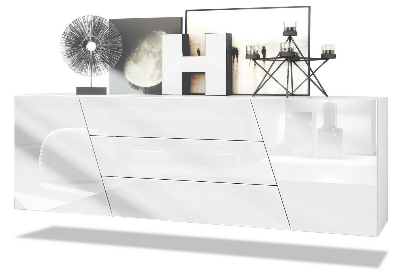 Vladon Sideboard Houston (hängende Kommode, mit 2 Türen und 3 Schubladen), Weiß matt/Weiß Hochglanz (178 x 57,5 x 38,5 cm) von Vladon