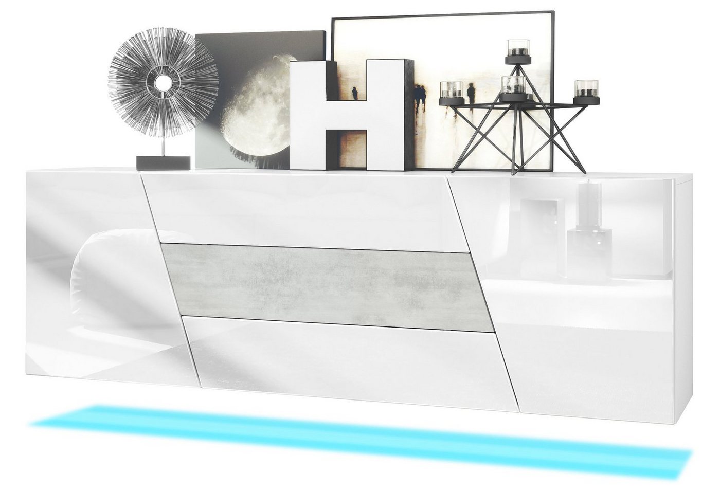 Vladon Sideboard Houston (hängende Kommode, mit 2 Türen und 3 Schubladen inkl. LED-Beleuchtung), Weiß matt/Weiß Hochglanz/Beton Oxid Optik (178 x 57,5 x 38,5 cm) von Vladon