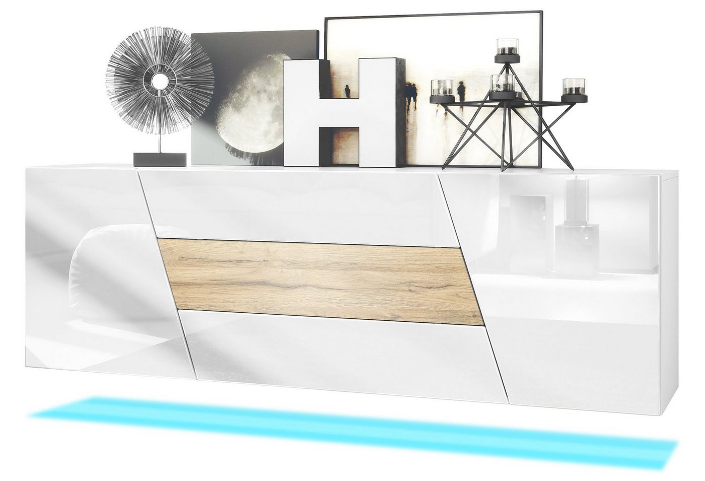 Vladon Sideboard Houston (hängende Kommode, mit 2 Türen und 3 Schubladen inkl. LED-Beleuchtung), Weiß matt/Weiß Hochglanz/Eiche Natur (178 x 57,5 x 38,5 cm) von Vladon