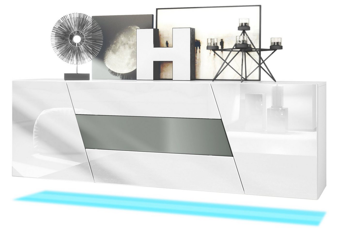 Vladon Sideboard Houston (hängende Kommode, mit 2 Türen und 3 Schubladen inkl. LED-Beleuchtung), Weiß matt/Weiß Hochglanz/Graphit Seidenmatt (178 x 57,5 x 38,5 cm) von Vladon