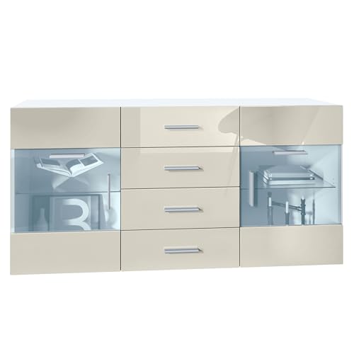 Vladon Sideboard Kommode Bari V1, Made in Germany, Korpus in Weiß matt/Front in Creme Hochglanz (139 x 72 x 35) von Vladon