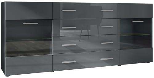 Vladon Sideboard Kommode Bari V2, Made in Germany, Korpus in Schwarz matt/Front in Grau Hochglanz (166 x 72 x 35) von Vladon