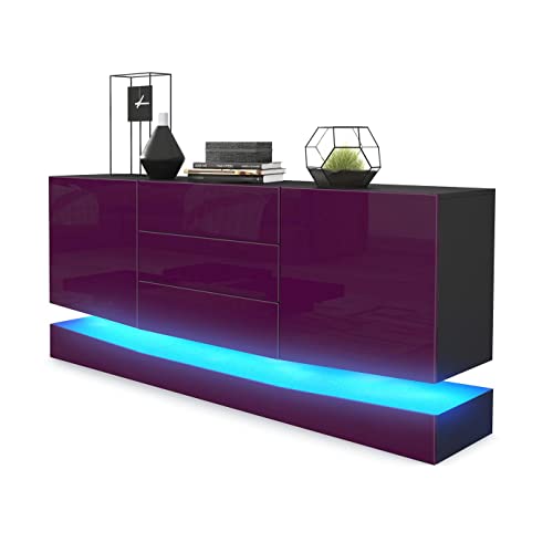 Vladon Sideboard City, Made in Germany, Schwarz matt/Brombeer Hochglanz inkl. LED - Moderne Kommode für Ihr Wohnbereich (178 x 72 x 38 cm) von Vladon