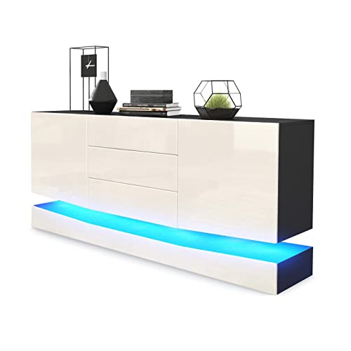 Vladon Sideboard City, Made in Germany, Schwarz matt/Creme Hochglanz inkl. LED - Moderne Kommode für Ihr Wohnbereich (178 x 72 x 38 cm) von Vladon