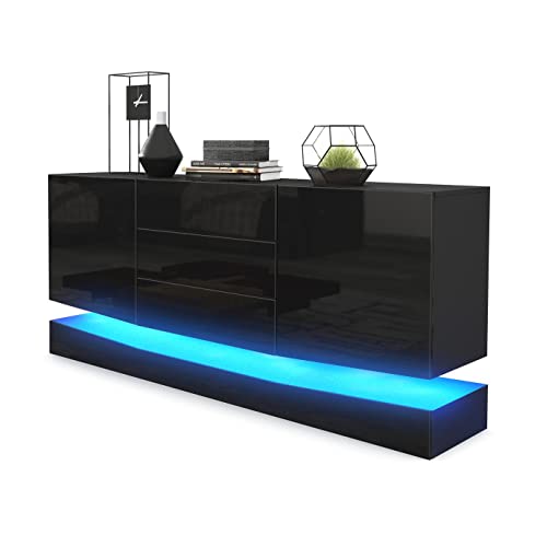 Vladon Sideboard City, Made in Germany, Schwarz matt/Schwarz Hochglanz inkl. LED - Moderne Kommode für Ihr Wohnbereich (178 x 72 x 38 cm) von Vladon