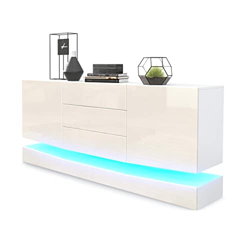 Vladon Sideboard City, Made in Germany, Weiß matt/Creme Hochglanz inkl. LED - Moderne Kommode für Ihr Wohnbereich (178 x 72 x 38 cm) von Vladon