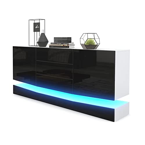 Vladon Sideboard City, Made in Germany, Weiß matt/Schwarz Hochglanz inkl. LED - Moderne Kommode für Ihr Wohnbereich (178 x 72 x 38 cm) von Vladon