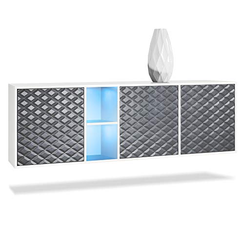 Vladon Sideboard Kommode Cuba, Made in Germany, Korpus in Weiß matt/Fronten in 3D Stahlgrau, inkl. LED Beleuchtung von Vladon