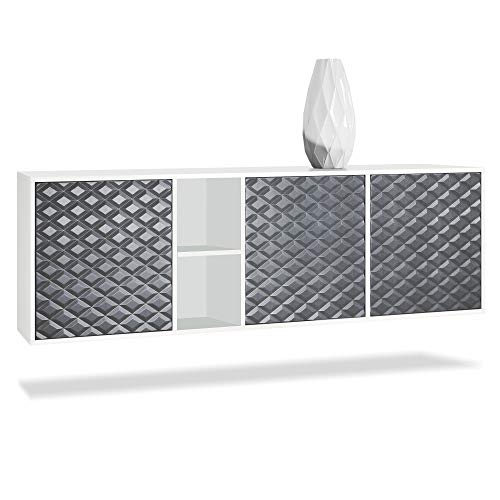 Vladon Sideboard Kommode Cuba, Made in Germany, Korpus in Weiß matt/Fronten in 3D Stahlgrau von Vladon