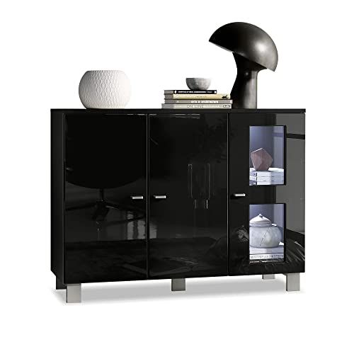 Vladon Sideboard Denjo, Made in Germany, Kommode mit 3 Türen, Schwarz matt/Schwarz Hochglanz, inkl. LED-Beleuchtung (107 x 81 x 35 cm) von Vladon