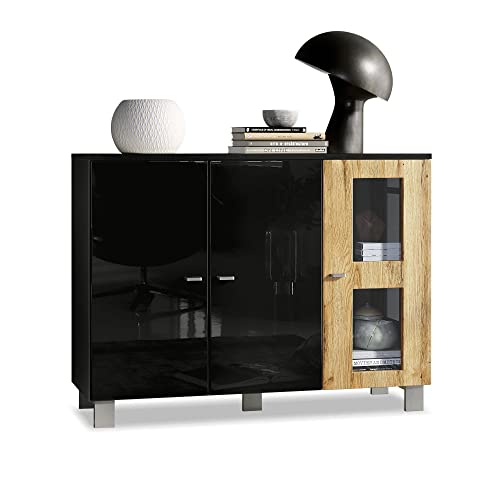 Vladon Sideboard Denjo, Made in Germany, Kommode mit 3 Türen, Schwarz matt/Schwarz Hochglanz/Eiche Natur (107 x 81 x 35 cm) von Vladon