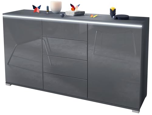 Vladon Sideboard Faro V1 - Kommode mit 2 Türen & 4 Schubladen, Schrank mit LED Lichtleiste, Anthrazit matt/Grau Hochglanz (138,5 x 75,5 x 35) von Vladon
