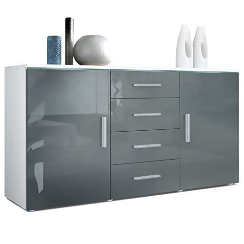 Vladon Sideboard Kommode Faro, Made in Germany, Korpus in Weiß matt/Front in Grau Hochglanz (139 x 72 x 35) von Vladon