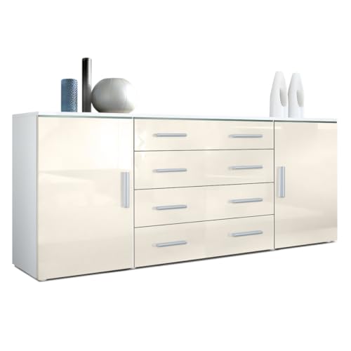 Vladon Sideboard Faro V2, Made in Germany, Kommode mit 2 Türen und 4 Schubladen, Weiß matt/Creme Hochglanz (166 x 72 x 35 cm) von Vladon