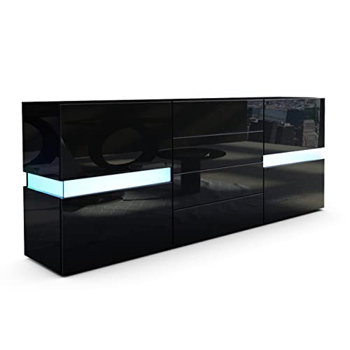 Vladon Sideboard Flow, Made in Germany, Schwarz Hochglanz/Schwarz Hochglanz inkl. LED - Moderne Kommode mit Ambient Light Verglasung für Ihr Wohnbereich (177 x 75 x 39 cm) von Vladon