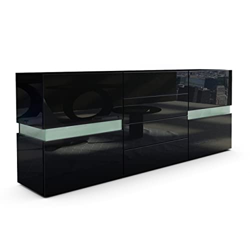Vladon Sideboard Flow, Made in Germany, Schwarz Hochglanz/Schwarz Hochglanz - Moderne Kommode mit Ambient Light Verglasung für Ihr Wohnbereich (177 x 75 x 39 cm) von Vladon