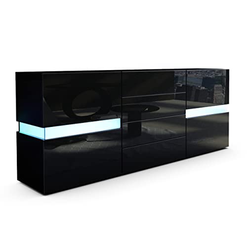 Vladon Sideboard Flow, Made in Germany, Schwarz matt/Schwarz Hochglanz inkl. LED - Moderne Kommode mit Ambient Light Verglasung für Ihr Wohnbereich (177 x 75 x 39 cm) von Vladon