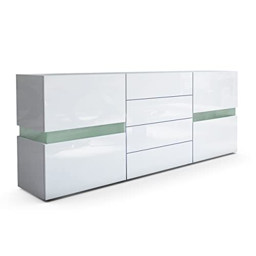 Vladon Sideboard Flow, Made in Germany, Weiß Hochglanz/Weiß Hochglanz - Moderne Kommode mit Ambient Light Verglasung für Ihr Wohnbereich (177 x 75 x 39 cm) von Vladon