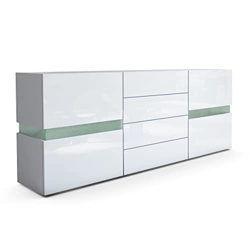 Vladon Sideboard Flow, Made in Germany, Weiß matt/Weiß Hochglanz - Moderne Kommode mit Ambient Light Verglasung für Ihr Wohnbereich (177 x 75 x 39 cm) von Vladon