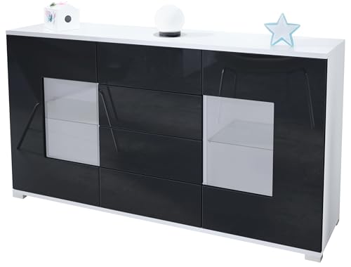 Vladon Sideboard Kommode Grömitz V1, Made in Germany, Korpus in Weiß matt/Front in Schwarz Hochglanz (139 x 72 x 35) von Vladon