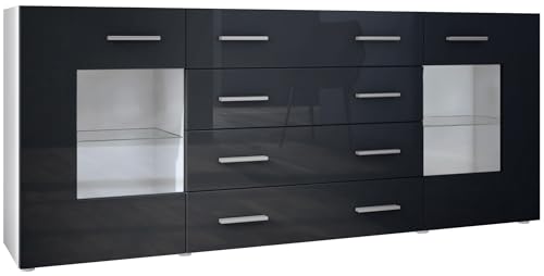 Vladon Sideboard Kommode Grömitz V2, Made in Germany, Korpus in Weiß matt/Front in Schwarz Hochglanz (166 x 72 x 35) von Vladon