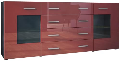 Vladon Sideboard Kommode Grömitz V2, Made in Germany, Korpus in Schwarz matt/Front in Bordeaux Hochglanz (166 x 72 x 35) von Vladon