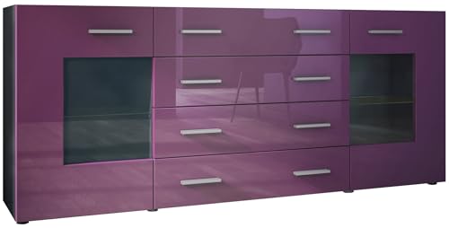 Vladon Sideboard Kommode Grömitz V2, Made in Germany, Korpus in Schwarz matt/Front in Brombeer Hochglanz (166 x 72 x 35) von Vladon