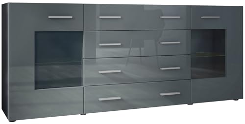 Vladon Sideboard Kommode Grömitz V2, Made in Germany, Korpus in Schwarz matt/Front in Grau Hochglanz (166 x 72 x 35) von Vladon
