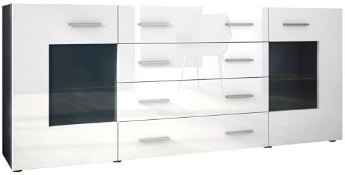 Vladon Sideboard Kommode Grömitz V2, Made in Germany, Korpus in Schwarz matt/Front in Weiß Hochglanz (166 x 72 x 35) von Vladon