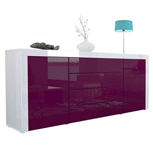 Vladon Sideboard Kommode La Paz, Made in Germany, Korpus in Weiß Hochglanz/Front in Brombeer Hochglanz mit Rahmen in Weiß Hochglanz von Vladon