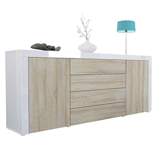 Vladon Sideboard Kommode La Paz, Made in Germany, Korpus in Weiß Hochglanz/Front in Eiche sägerau mit Rahmen in Weiß Hochglanz von Vladon