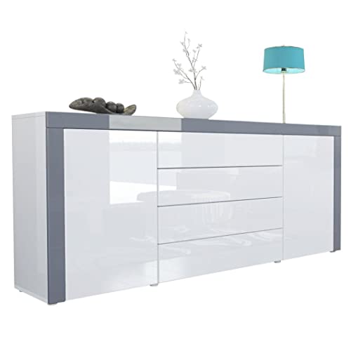 Vladon Sideboard Kommode La Paz, Made in Germany, Korpus in Weiß Hochglanz/Front in Weiß Hochglanz mit Rahmen in Grau Hochglanz von Vladon