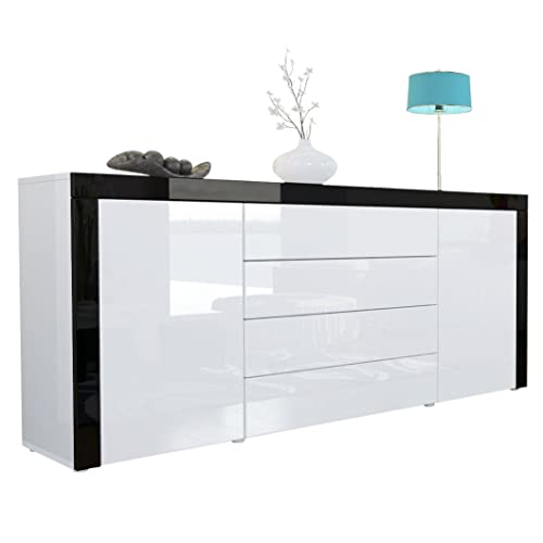 Vladon Sideboard Kommode La Paz, Made in Germany, Korpus in Weiß Hochglanz/Front in Weiß Hochglanz mit Rahmen in Schwarz Hochglanz von Vladon