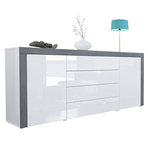 Vladon Sideboard Kommode La Paz, Made in Germany, Korpus in Weiß Hochglanz/Front in Weiß Hochglanz mit Rahmen in Avola-Anthrazit von Vladon