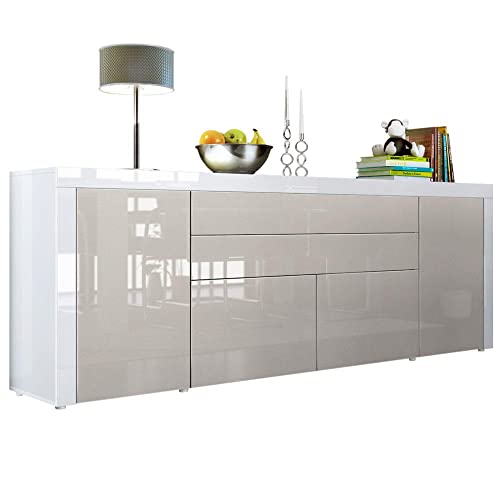 Vladon Sideboard La Paz V2, Made in Germany, Kommode mit 2 Türen, 2 Schubkästen und 2 Klappen, Weiß Hochglanz/Sandgrau Hochglanz/Weiß Hochglanz (200 x 72 x 35 cm) von Vladon