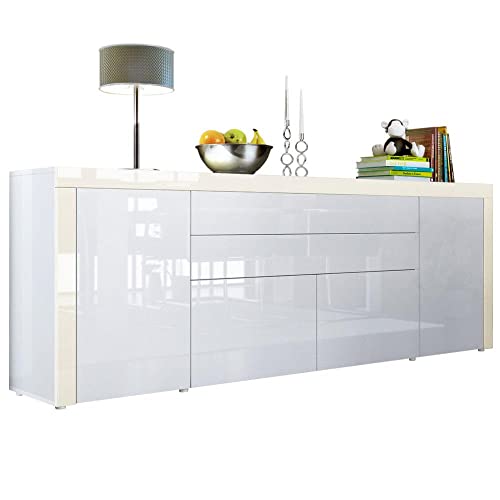 Vladon Sideboard La Paz V2, Made in Germany, Kommode mit 2 Türen, 2 Schubkästen und 2 Klappen, Weiß Hochglanz/Weiß Hochglanz/Creme Hochglanz (200 x 72 x 35 cm) von Vladon