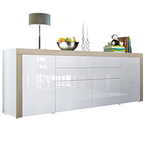 Vladon Sideboard La Paz V2, Made in Germany, Kommode mit 2 Türen, 2 Schubkästen und 2 Klappen, Weiß Hochglanz/Weiß Hochglanz/Eiche sägerau (200 x 72 x 35 cm) von Vladon