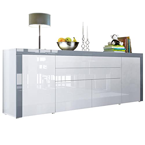 Vladon Sideboard La Paz V2, Made in Germany, Kommode mit 2 Türen, 2 Schubkästen und 2 Klappen, Weiß Hochglanz/Weiß Hochglanz/Grau Hochglanz (200 x 72 x 35 cm) von Vladon