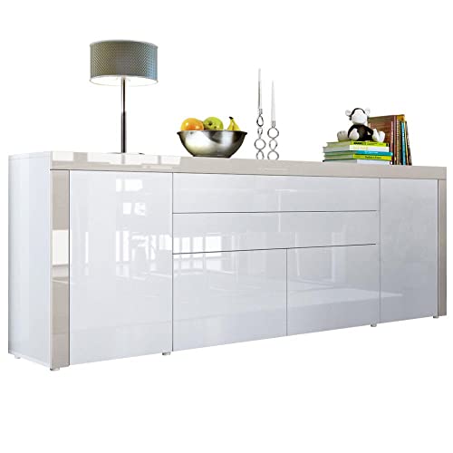 Vladon Sideboard La Paz V2, Made in Germany, Kommode mit 2 Türen, 2 Schubkästen und 2 Klappen, Weiß Hochglanz/Weiß Hochglanz/Sandgrau Hochglanz (200 x 72 x 35 cm) von Vladon