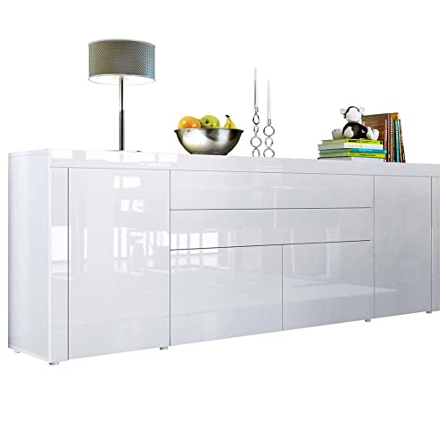 Vladon Sideboard La Paz V2, Made in Germany, Kommode mit 2 Türen, 2 Schubkästen und 2 Klappen, Weiß Hochglanz/Weiß Hochglanz/Weiß Hochglanz (200 x 72 x 35 cm) von Vladon