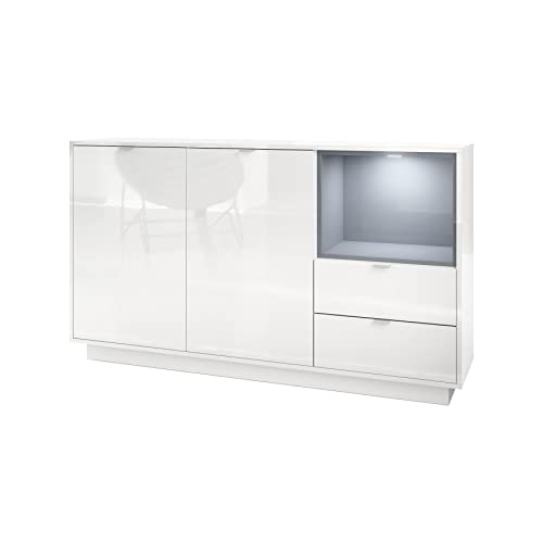 Vladon Sideboard Kommode Metro, Made in Germany, Korpus in Weiß Hochglanz/Fronten in Weiß Hochglanz mit Einsatz in Grau Hochglanz, inkl. LED Beleuchtung von Vladon