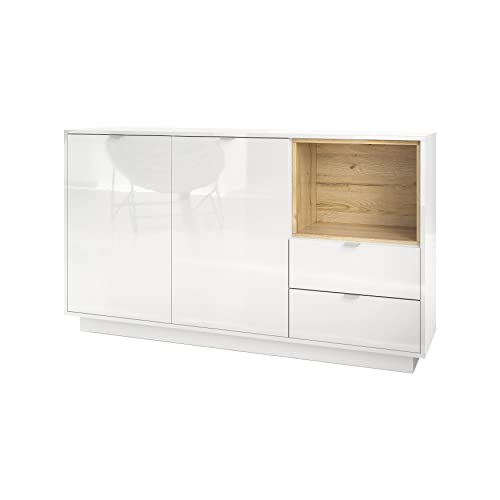 Vladon Sideboard Kommode Metro, Made in Germany, Korpus in Weiß Hochglanz/Fronten in Weiß Hochglanz mit Einsatz in Eiche Natur von Vladon
