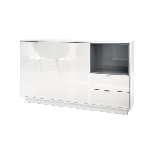 Vladon Sideboard Kommode Metro, Made in Germany, Korpus in Weiß Hochglanz/Fronten in Weiß Hochglanz mit Einsatz in Grau Hochglanz von Vladon