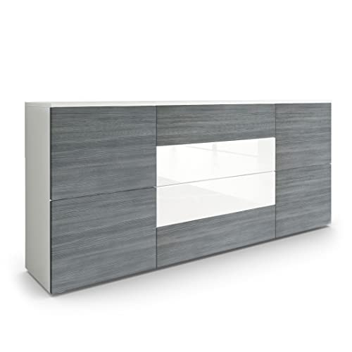 Vladon Sideboard Rova, Made in Germany, Kommode mit 4 Türen und 4 Schubladen, Weiß matt/Avola-Anthrazit/Weiß Hochglanz (166 x 72 x 35 cm) von Vladon