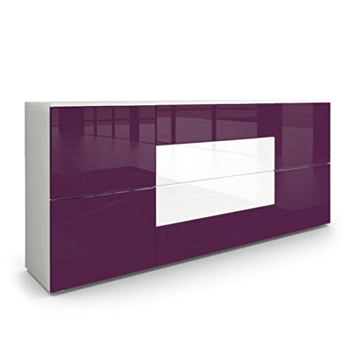 Vladon Sideboard Rova, Kommode mit 4 Türen und 4 Schubladen, Weiß matt/Brombeer Hochglanz/Weiß Hochglanz (166 x 72 x 35 cm) von Vladon