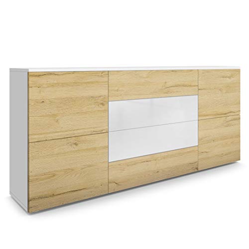 Vladon Sideboard Rova, Made in Germany, Kommode mit 4 Türen und 4 Schubladen, Weiß matt/Eiche Natur/Weiß Hochglanz (166 x 72 x 35 cm) von Vladon