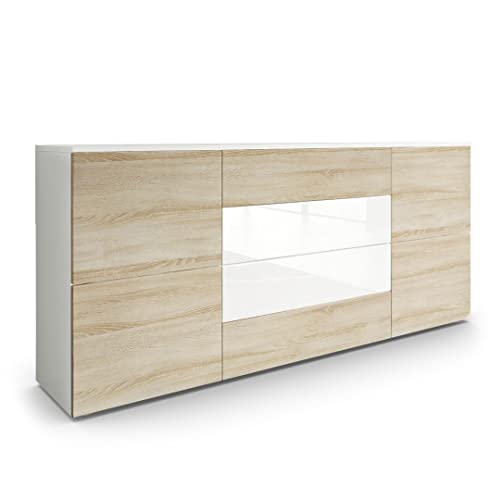 Vladon Sideboard Rova, Made in Germany, Kommode mit 4 Türen und 4 Schubladen, Weiß matt/Eiche sägerau/Weiß Hochglanz (166 x 72 x 35 cm) von Vladon